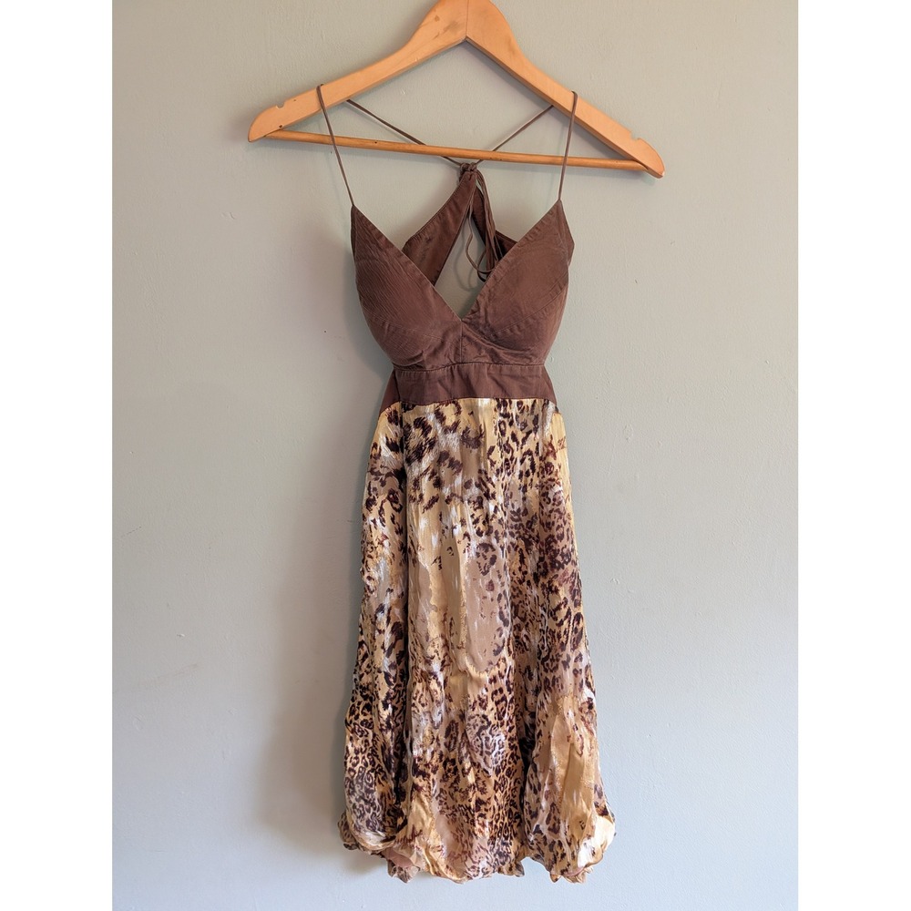 Vintage Y2K Issue New York Silk Leopard Print Bubble Hem Halter Dress Brown 8
